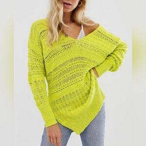 ​Free People Hot Tropics Oversized V-Neck Sweater XS Neon Yellow Open Knit
